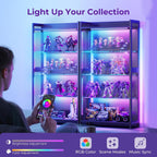 AODK Display Case with Glass Shelves, RGB Light 4-Tier Display Cabinet | Display Shelf with Open Shelf Design & Industrial Metal Mesh, Curio Cabinet for Collectibles, Black Bookcase
