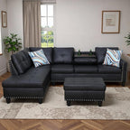 Leather 3-Piece L-Shaped Sectional Sofa with Storage Ottoman & Movable Chaise - Modular Convertible Couch for Living Room, Bedroom & Small Apartment, Jet Black