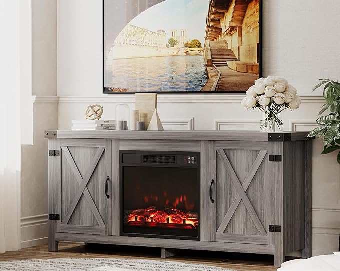 JUMMICO Fireplace TV Stand, Farmhouse Entertainment Center with Fireplace and Shelves, Double Barn Doors Storage Cabinets for TVs to 65+ Inch for Living Room (Grey)