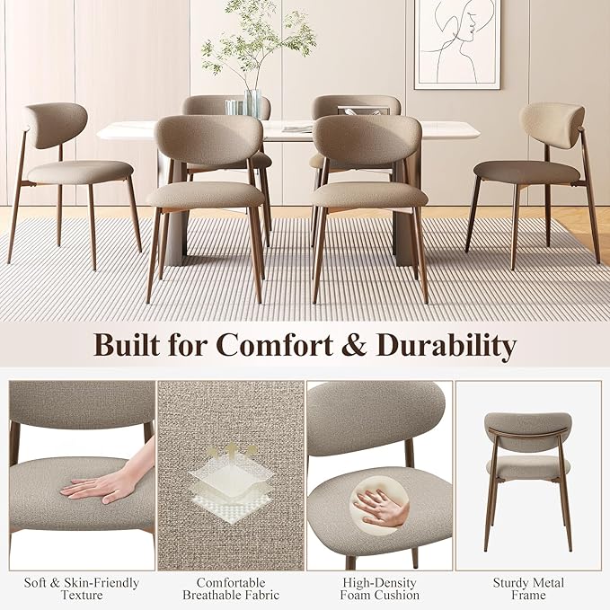 Dining Chairs Set of 2, Upholstered Dining Room Chairs with Metal Legs and Anti Slip Pads, Curved Back Kitchen Chair for Home and Restaurant Use, Camel