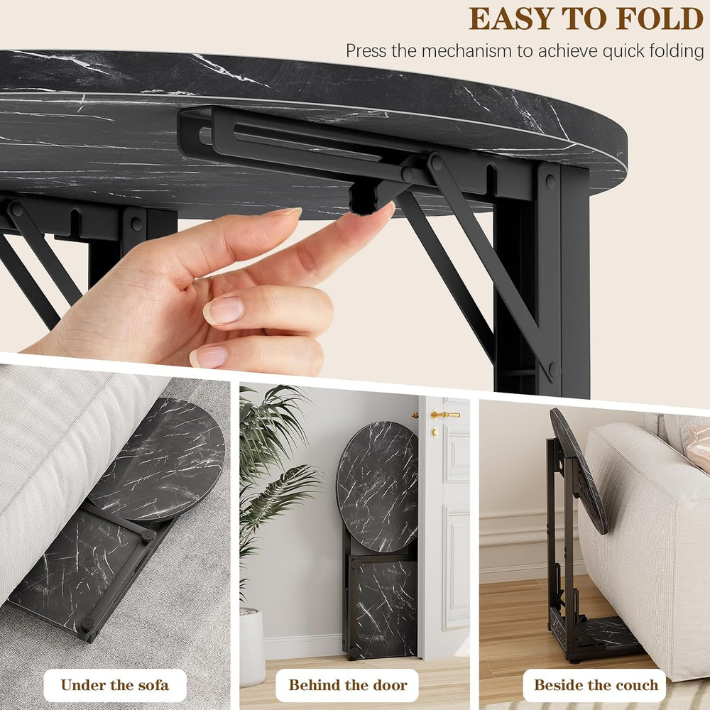Folding Side Table, C Shaped End Table with Metal Frame, Round Couch Table &a...