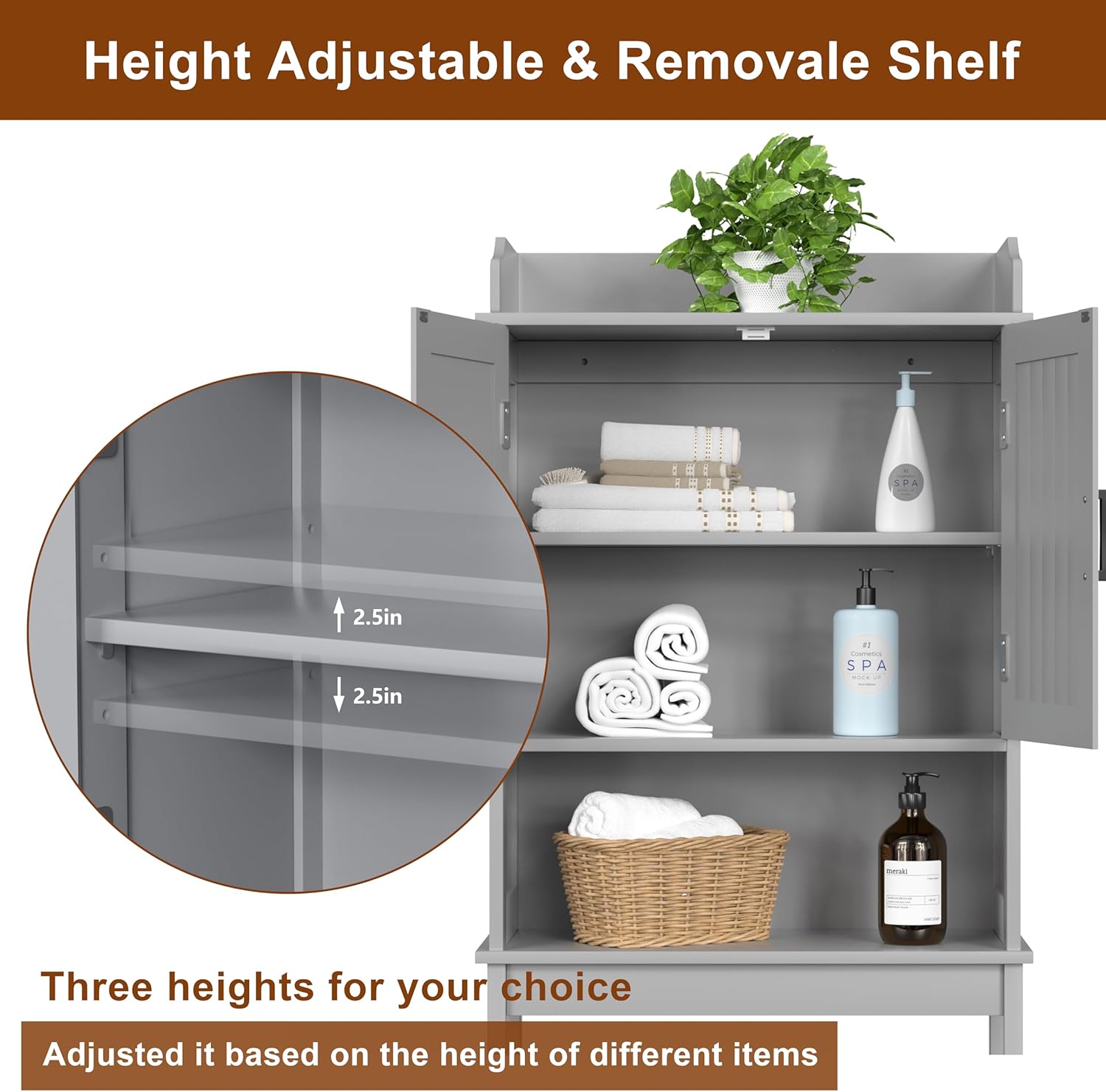 BlueWish Over The Toilet Cabinet, Bathroom Over Toilet Storage with Adjustable Shelves, Anti-toppling Design, Over Toilet Cabinet for Bathroom, Restroom, Laundry, Grey