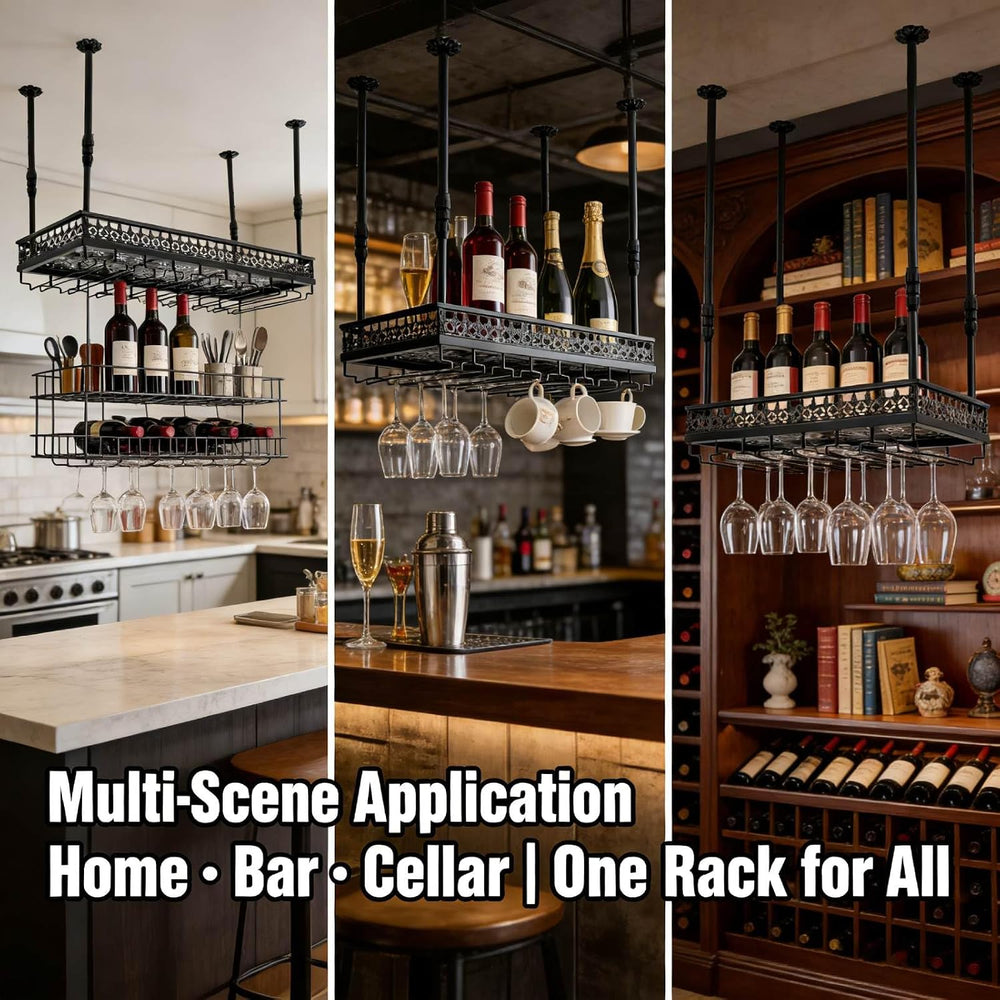 Hanging Wine Rack with Glass Holder and Shelf,Adjustable Metal Ceiling Mount ...