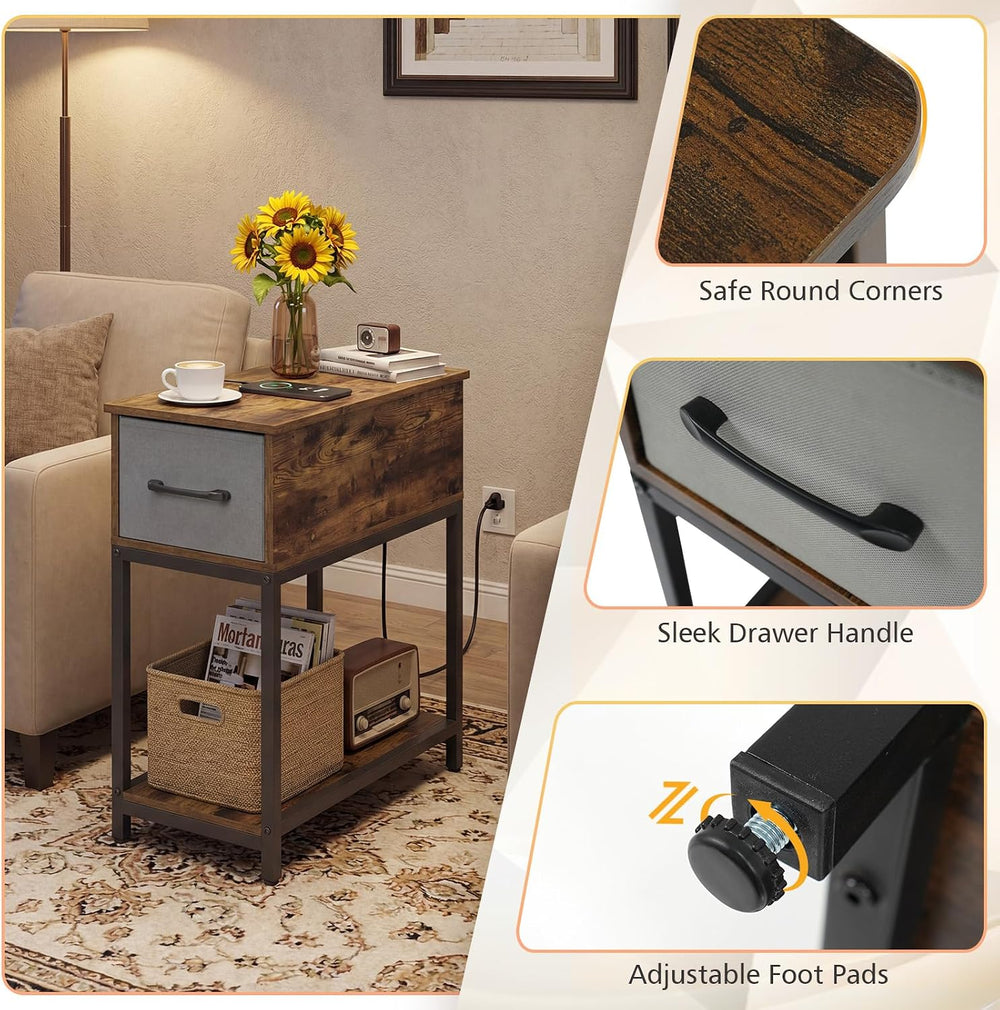 GOFLAME LED End Table with Hidden Charging Station, Narrow Compact Sofa Side ...