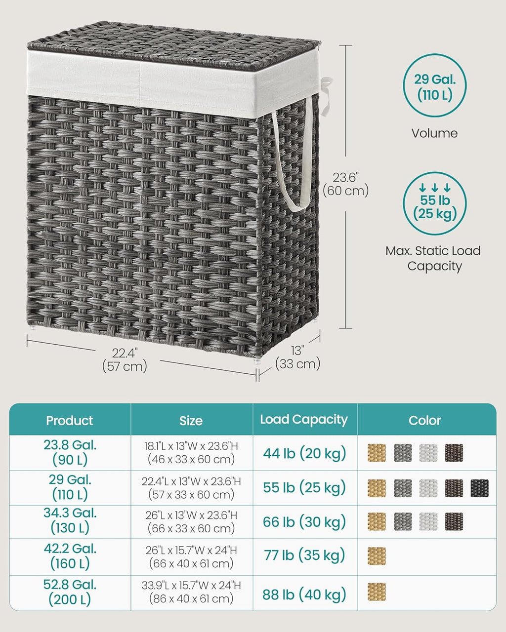 SONGMICS Laundry Hamper with Lid, 110L Clothes Hamper with 2 Removable Liner Bags, 6 Mesh Bags, Wicker Laundry Basket, Double Laundry Hamper for Bathroom, 13 x 22.4 x 23.6 Inches, Gray ULCB52WG