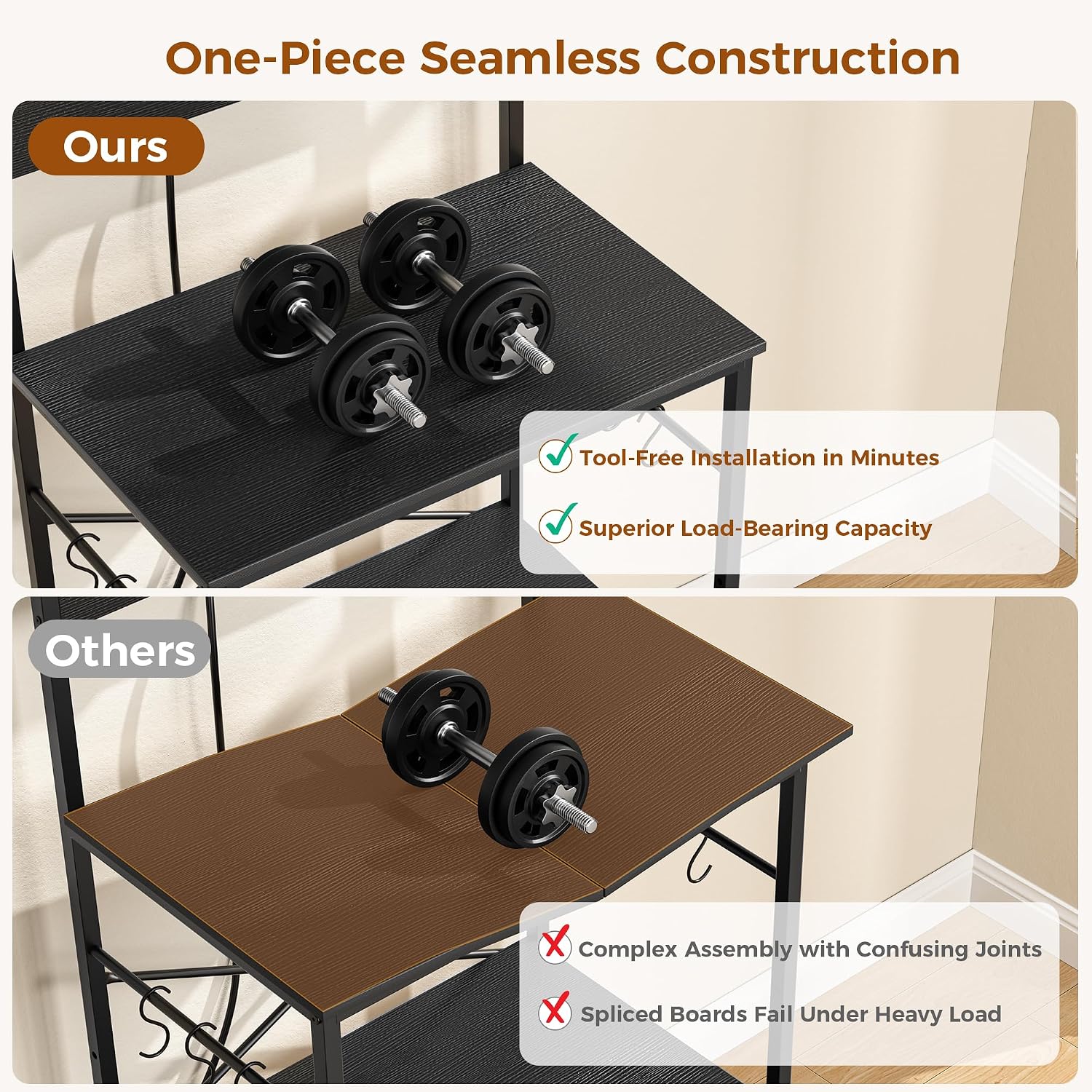 VUSIGN Kitchen Bakers Rack with Power Outlet, 4 Tiers Microwave Stand with Storage, 23.6 Inch Coffee Bar Station with 6 S Hooks, Adjustable Shelf Rack for Pots/Pans/Spices, Black