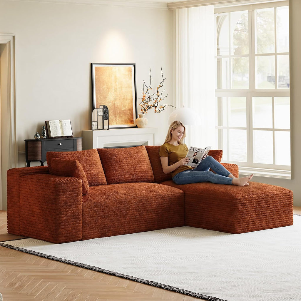 ONEMMLION 96" L-Shaped Cloud Boneless Couch Sofa with Chaise, Orange | Corduroy Comfy Fluffy Modular Deep Seat Memory Foam Compressed Sectional Sofa for Living Room Oversized Right Facing Chaise