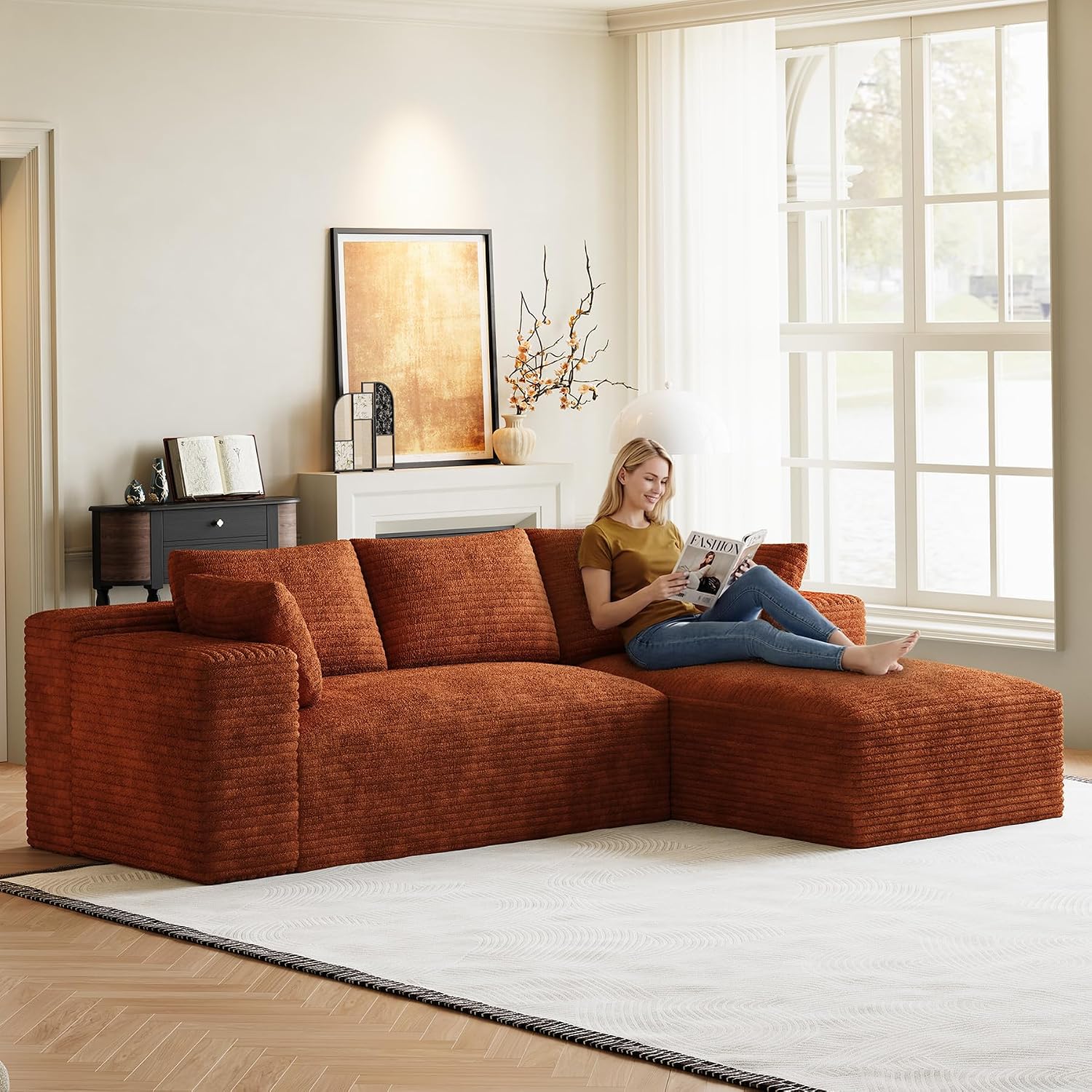 ONEMMLION 96" L-Shaped Cloud Boneless Couch Sofa with Chaise, Orange | Corduroy Comfy Fluffy Modular Deep Seat Memory Foam Compressed Sectional Sofa for Living Room Oversized Right Facing Chaise