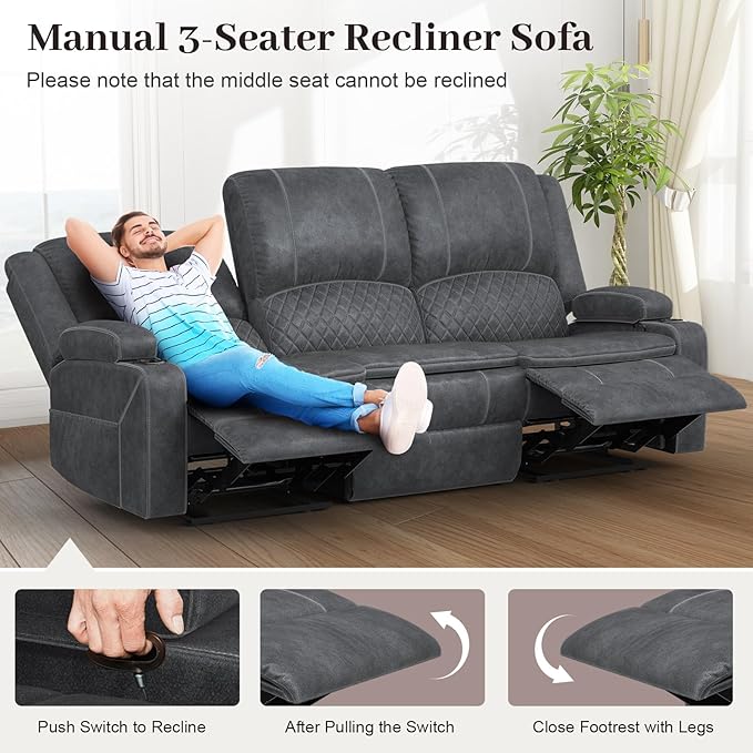 Velvet Fabric Recliner Sofa, 3 Seater Manual Reclining Sofa with 2-Tier Cushion, Reclining Couches for Living Room with Removable Console, Hidden Storage Space, Cup Holders - Grey