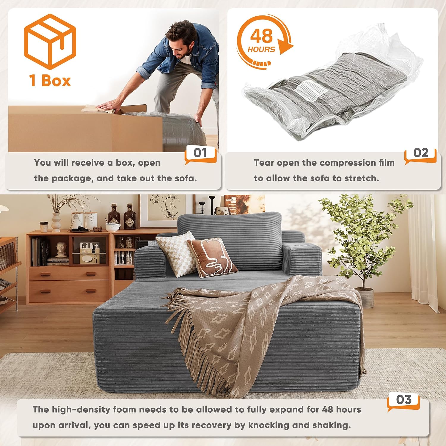 Homall Oversized Chaise Lounge Chair, Cloud Couch with Fluffy Upholstered, Deep Seat Sleeper Sofa Bed with Two Cup Holders, Comfy Boneless Couch No Assembly Required for Living Room, Apartment (Grey)