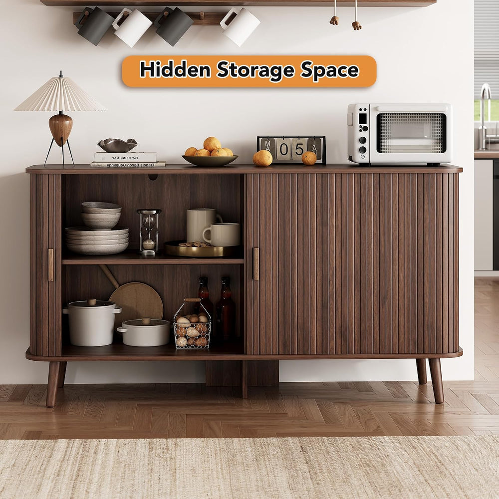 55" Fluted Sideboard Buffet Cabinet with Sliding Door, Mid-Century Moder...