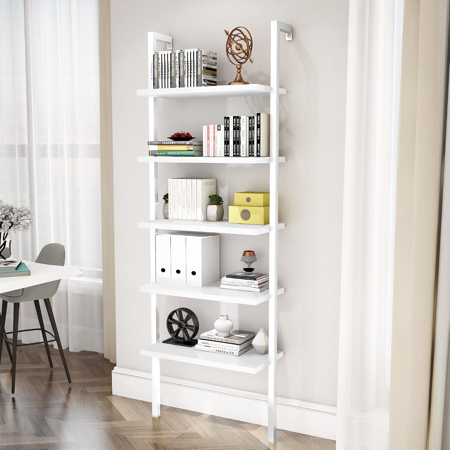 5-Tier Book Shelf Rack Against The Wall, Tall Ladder Shelf Wooden, Single Standing Bookshelf Ladder for Living Room, Bedroom, Balcony, Home Office, White/White