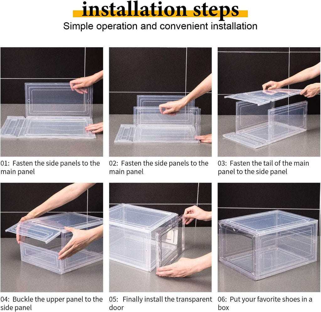 Attelite Shoe Box Organizer,Set of 6,Stackable Plastic Shoe Box with Clear Door, Shoe Storage Box Containers,For Display Sneakers,Easy Assembly,Fit up to US Size 12(13.4”x 10.6”x 7.4”)