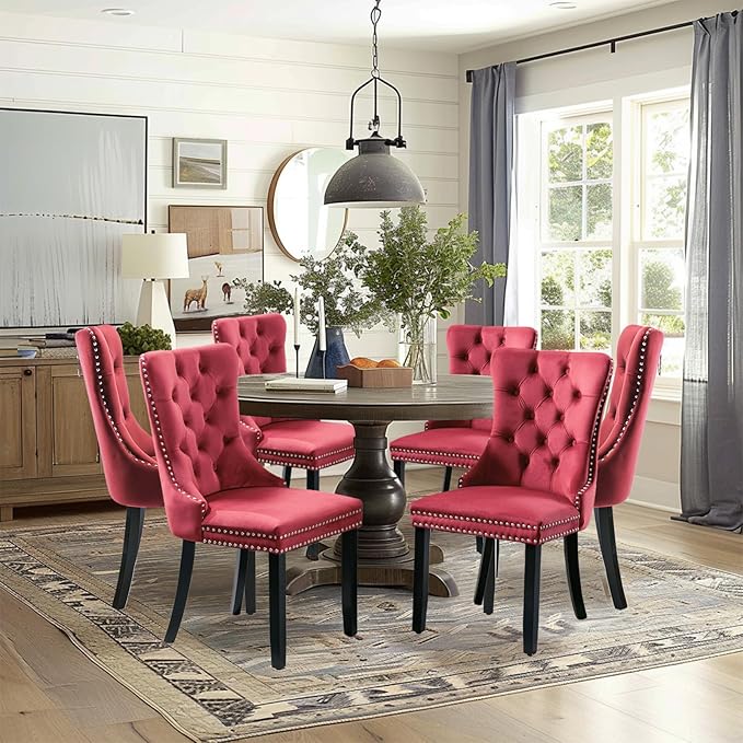 Velvet Upholstered Dining Chairs Set of 6, Modern Style Kitchen Side Chairs with Nailhead Trim and Wood Legs,Metal Pulling Ring for Dining Room Living Room(Wine Red,Set of 6)