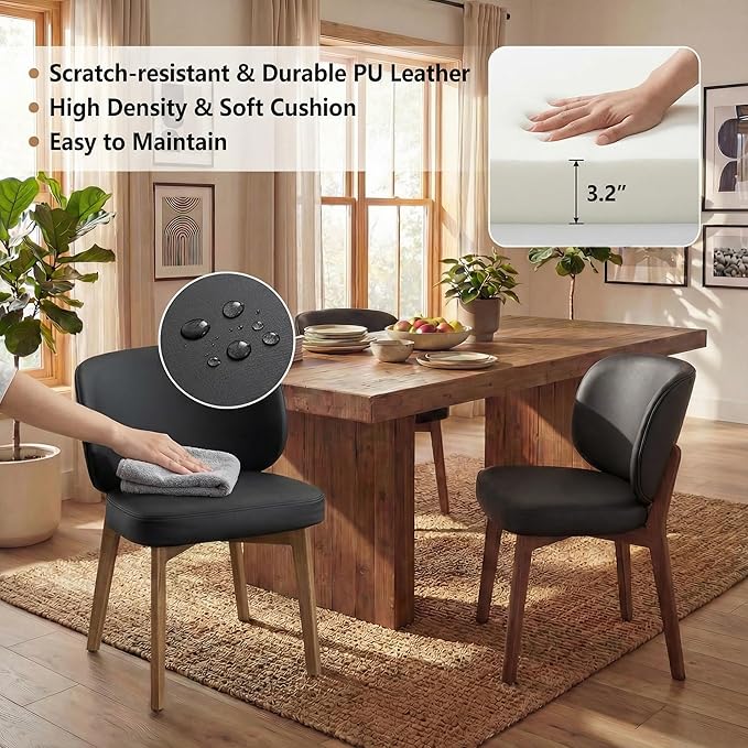 YOUNIKE Dining Chairs Set of 6 Mid Century Modern Kitchen Chair with High Back Faux Leather Upholstered Armless Chair 20" Wide Padded Seat with Wooden Legs for Kitchen Dining Living Room Bedroom Black