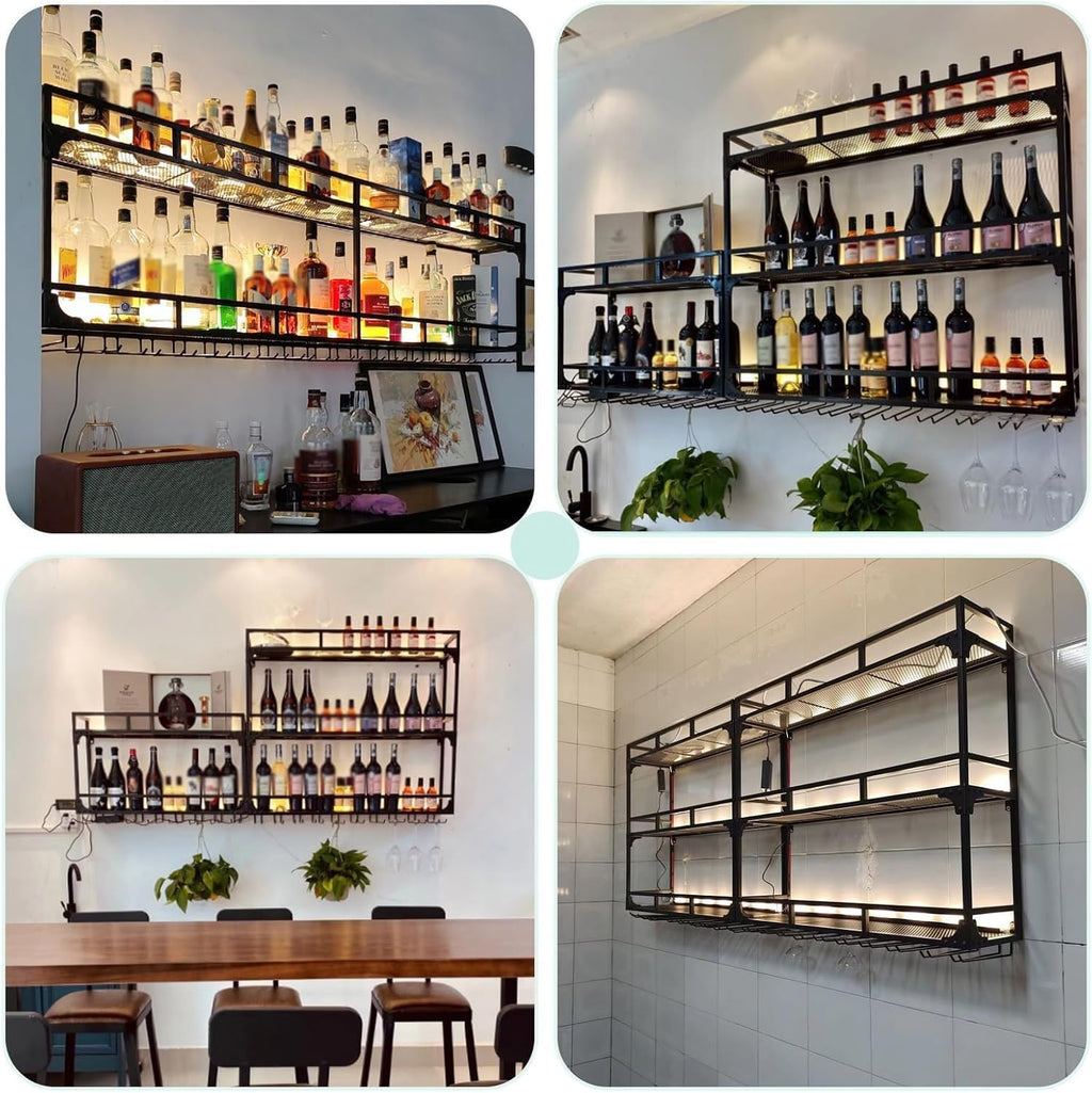 Wall Mounted Wine Rack, Wine Rack Wall Mounted with Wine Glass Rack, Metal Bar Bottle Display Shelf Wine Cups Hanging Holder, for Home Bar Cafe Dining Room Decoration (BLACK, 39.1*10*35.5IN)
