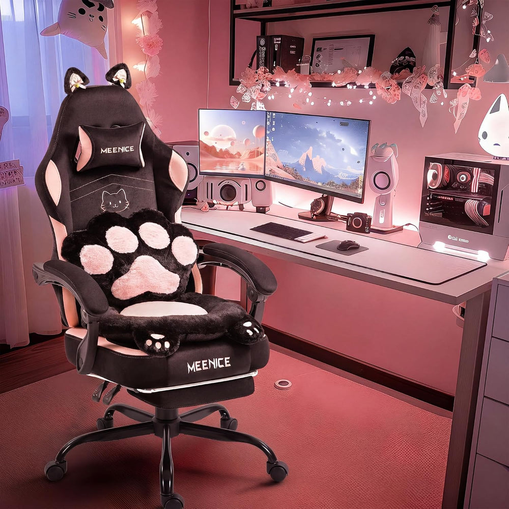 Pink Gaming Chair Cute with Cat Ears Paw Lumbar and Cushion,Ergonomic Compute...