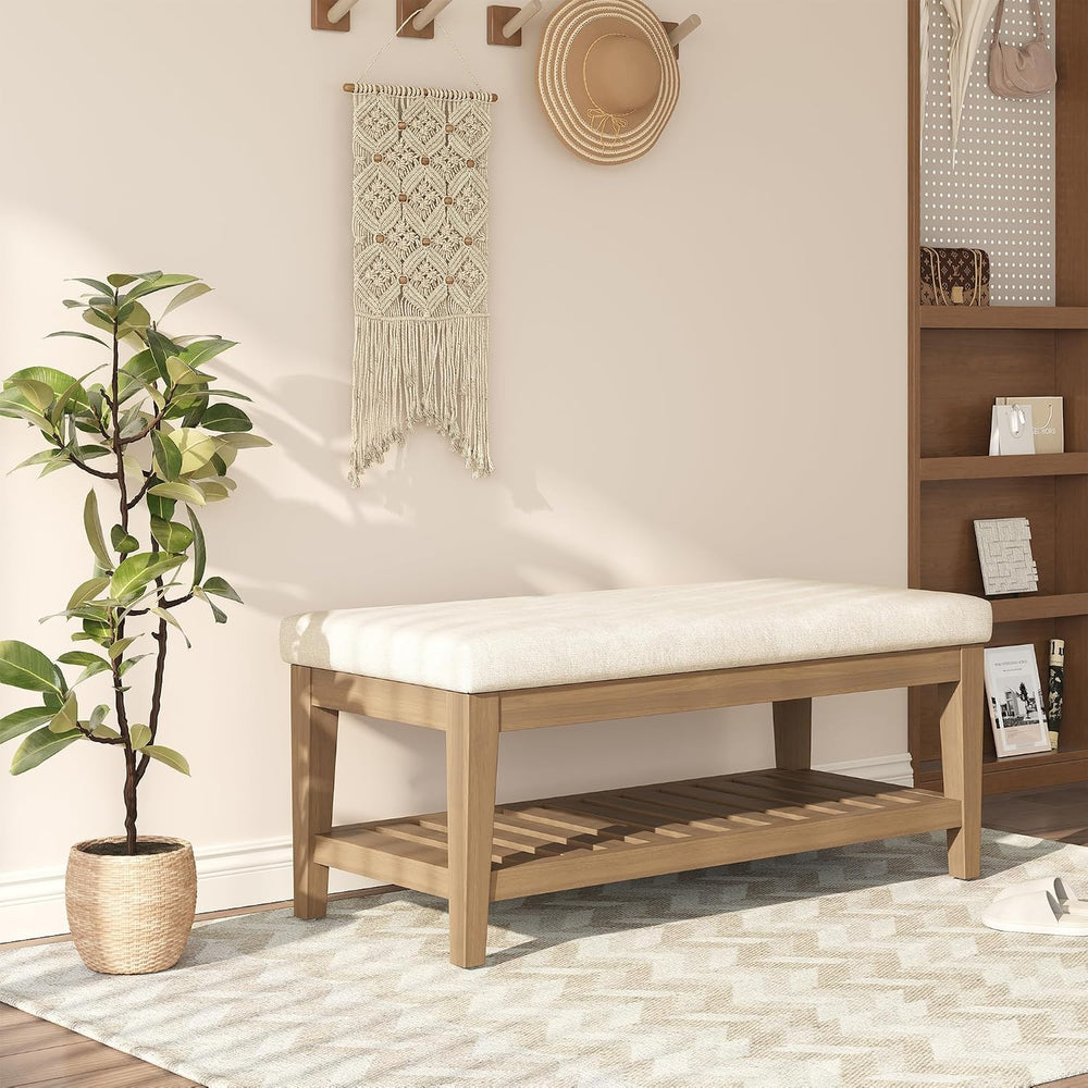 Apicizon 45" Shoe Rack Bench with Cushion, Solid Rubberwood Entryway Ben...