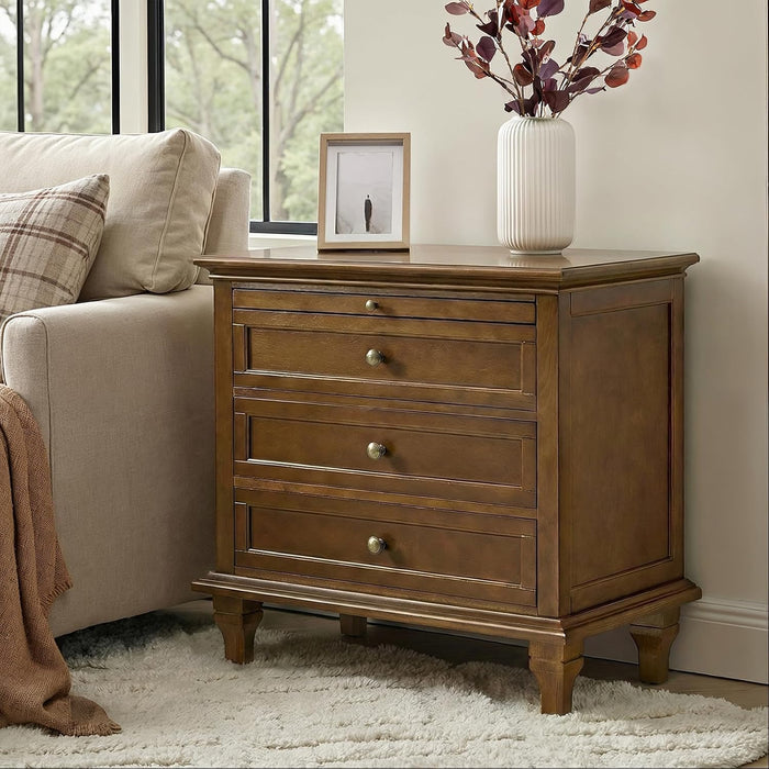 HULALA HOME Farmhouse 3 Drawer End Table with Charging Station, Walnut