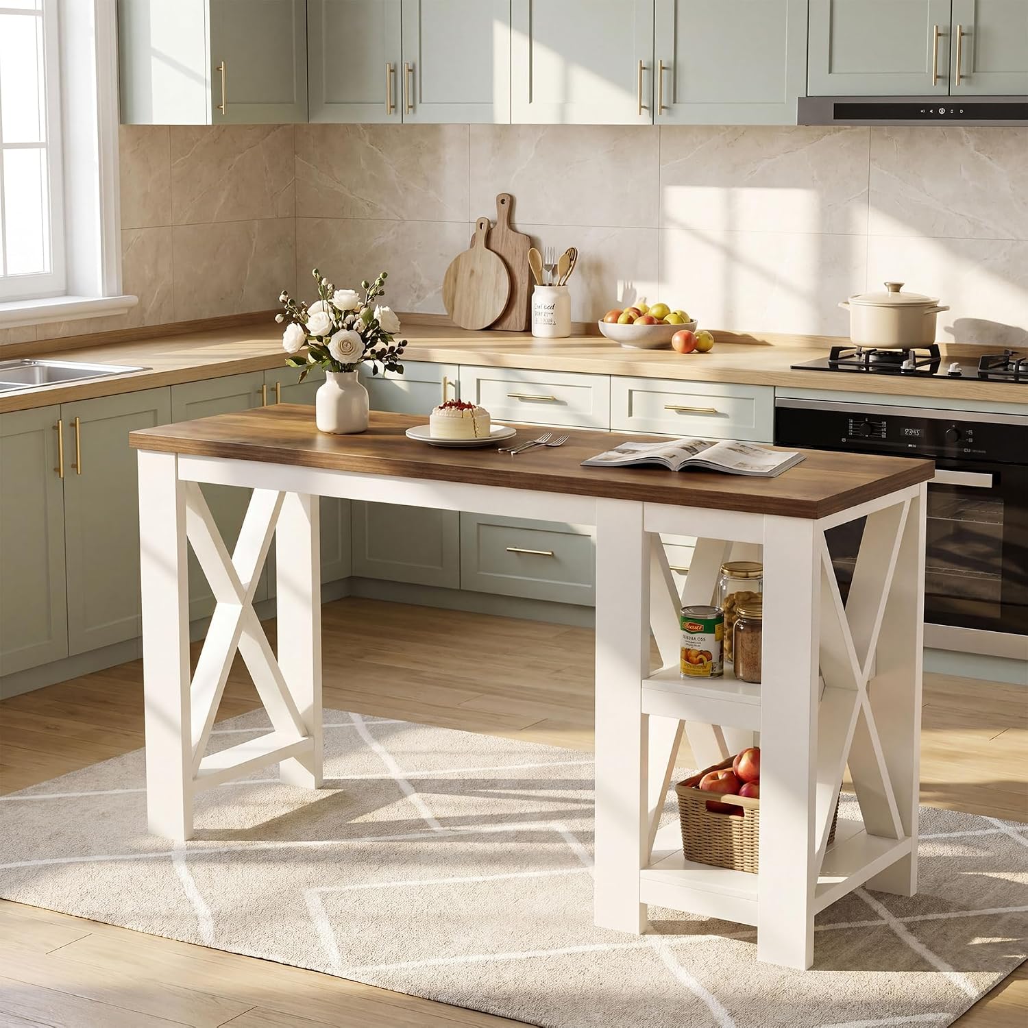 Tribesigns 62" Kitchen Island with Storage, Stationary Island Table | 2-Tier Open Storage Shelves, X-Frame Structure, Counter Height Table for Kitchen, Dining Room, Rustic Brown & White