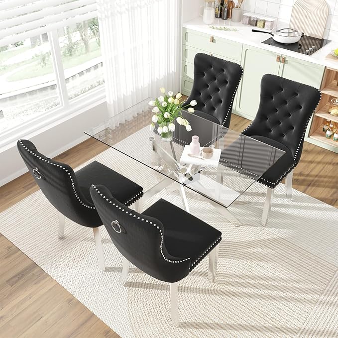 51 Inch Glass Dining Table Set for 4, 5 Piece Modern Dining Room Set, Rectangular Glass Kitchen Table with 4 Upholstered Velvet Accent Chairs, for Home, Apartment, Small Spaces - Black Silver