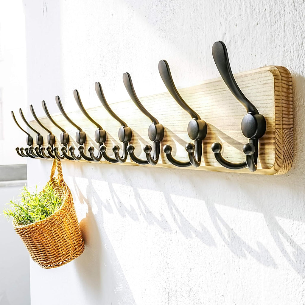 Dseap Coat Rack Wall - Heavy-Duty 38-1/4" Long, with Reinforced 10 Custom Tri-Hooks, Solid Wood Wall Hanger for Coats Hat Jackets - Rustic Farmhouse Entryway Hallway Storage, Light Brown & Black
