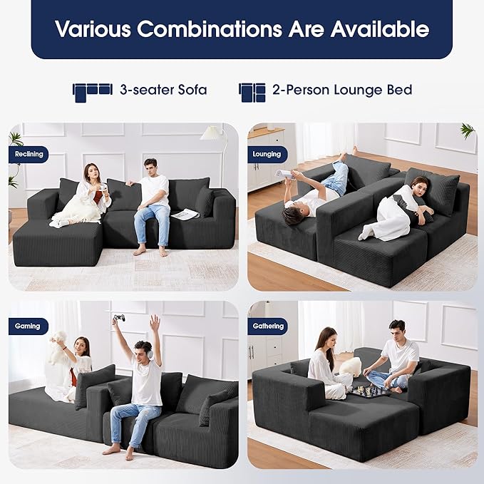 KINGYES 135'' Modular Sectional U Shaped Sofa, Upholstered Corduroy Boneless Couch Cloud Couch for Living Room, Gray