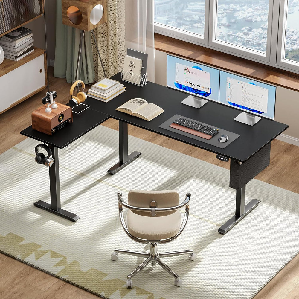 Korfile 63" L Shaped Standing Desk Height Adjustable Memory Presets Black