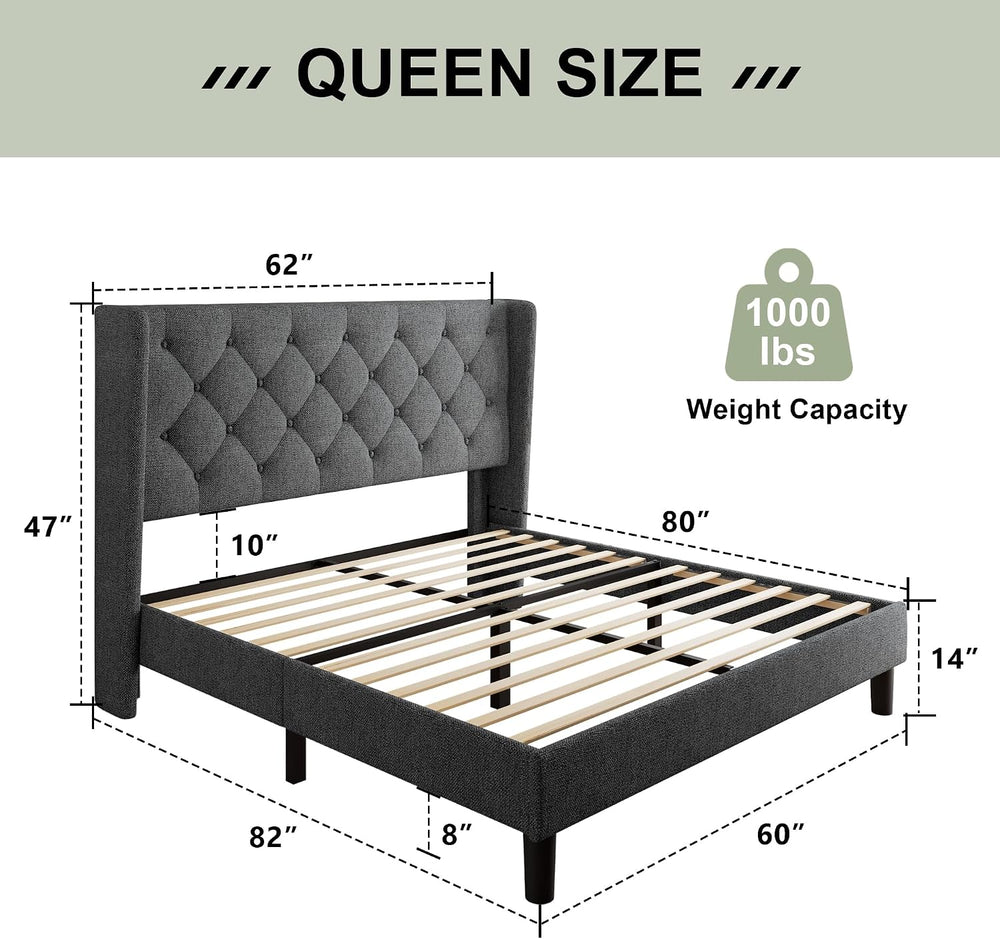 Feonase Queen Size Bed Frame with Diamond Tufted Wingback Headboard, Morden U...