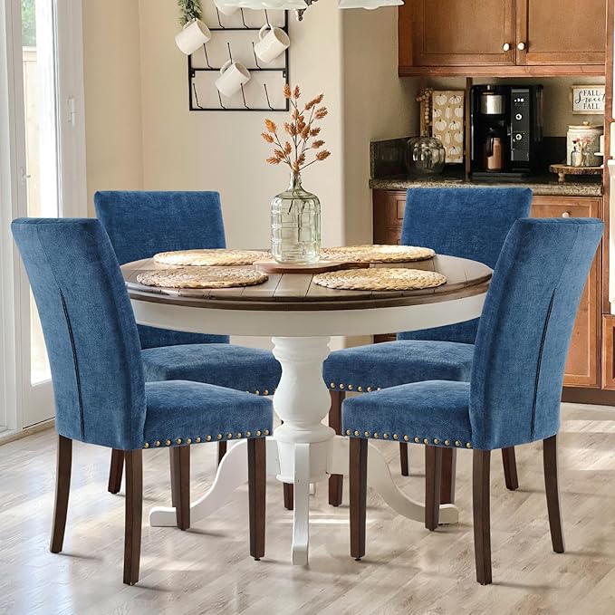 COLAMY Upholstered Parsons Dining Chairs Set of 6, Fabric Dining Room Kitchen Side Chair with Nailhead Trim and Wood Legs - Dark Blue