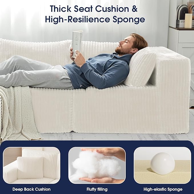 KINGYES 107'' Modular Sectional Sofa, L Shaped Cloud Couch for Living Room, Modern Plush Corduroy Boneless Sofa with Chaise for Bedroom, Beige