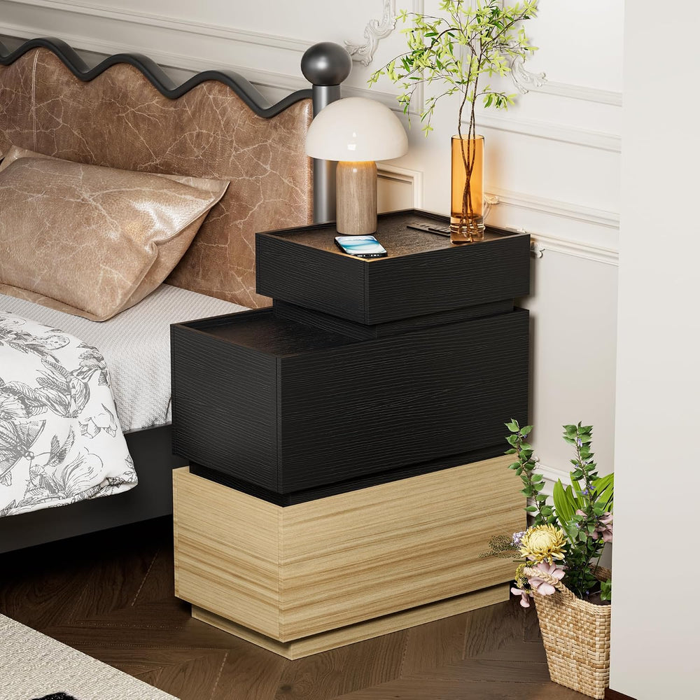 UEV End Table with Charging Station, Nightstand with Drawers and Storage, Nar...