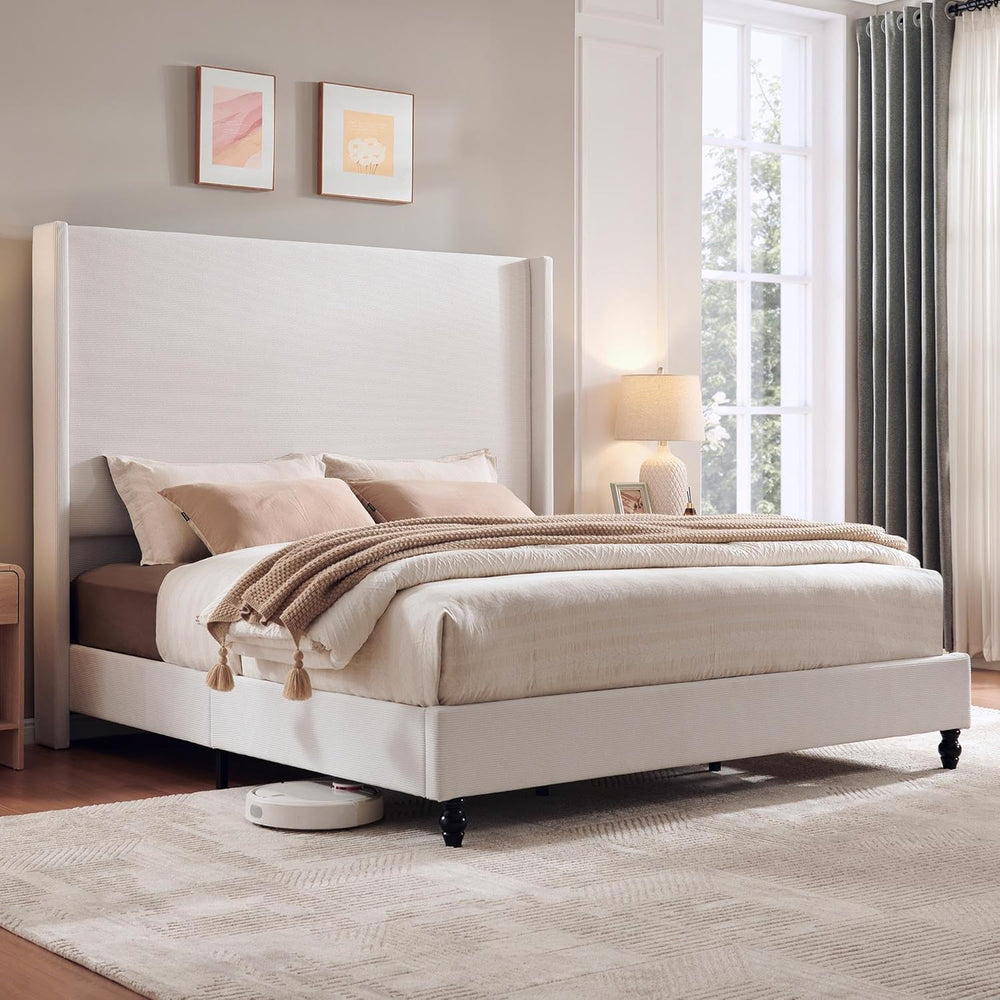 LUXOAK King Upholstered Bed Frame with 65" Headboard & Wingback, Cream