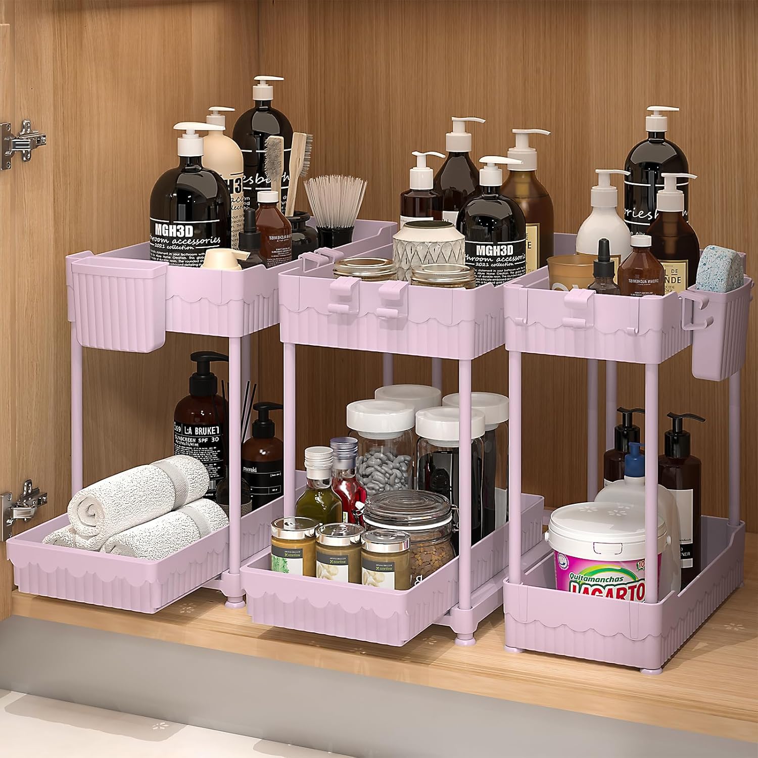 3 Pack Under Sink Organizers, 2-Tier Multi-Use Kitchen and Bathroom Organizers and Storage with Sliding Drawers，Bathroom Cabinet Organizer (Pink, 14.8 Inch)