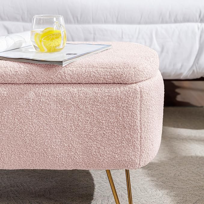 Storage Ottoman for End of Bed with Gold Metal Legs,Modern Faux Fur Entryway Bench Upholstered Padded,for Living Room Bedroom Pink