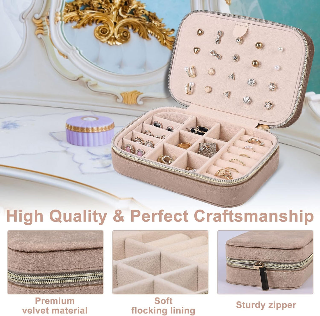 Dajasan Velvet Travel Jewelry Case, Mini Portable Travel Jewelry Organizer Boxes, Jewelry Gift Box for Birthday Mother's Day Valentine's Day Christmas (Khaki)