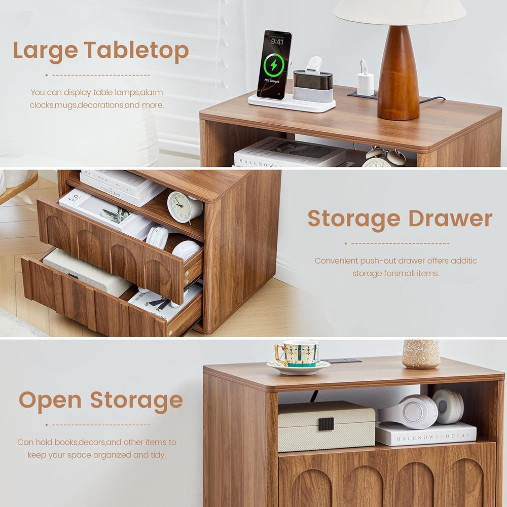 FurSch Mid Century Modern End Table with Charging Station Set of 2, 23.62” Wi...