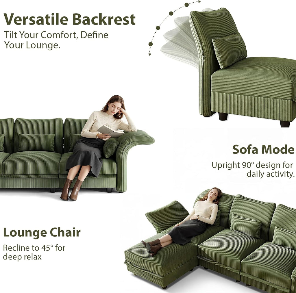 LLappuil U Shaped Sectional Sofa with Storage, 6 Seat Green Corduroy | Adjustable Backrests & Arms, Extra Deep Seat Cushions, OEKO-TEX Certified Fabric, Solid Wood Frame + 35D Foam