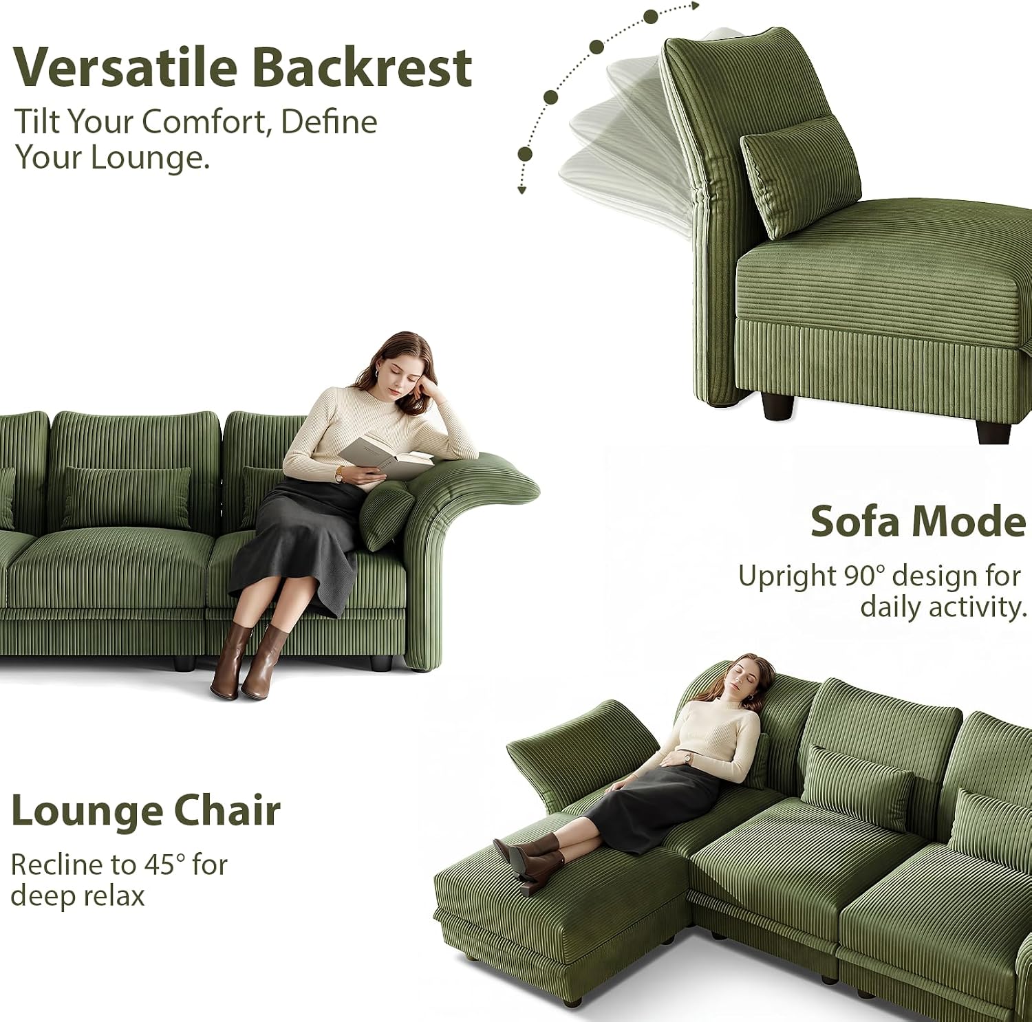 LLappuil U Shaped Sectional Sofa with Storage, 6 Seat Green Corduroy | Adjustable Backrests & Arms, Extra Deep Seat Cushions, OEKO-TEX Certified Fabric, Solid Wood Frame + 35D Foam