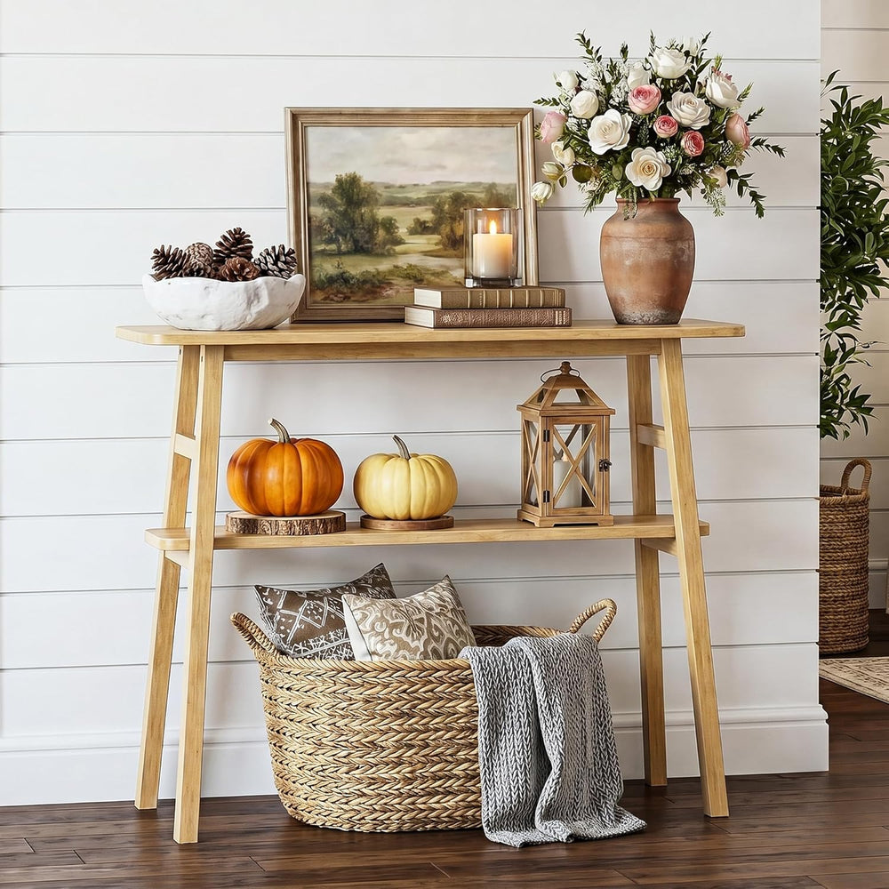 39.4" Solid Bamboo Entryway Console Table, Sofa Table Behind Couch, Narr...