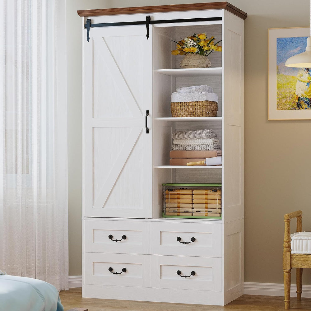 IRONCK Armoire Wardrobe Closet with 4 Drawers, Sliding Barn Doors, White