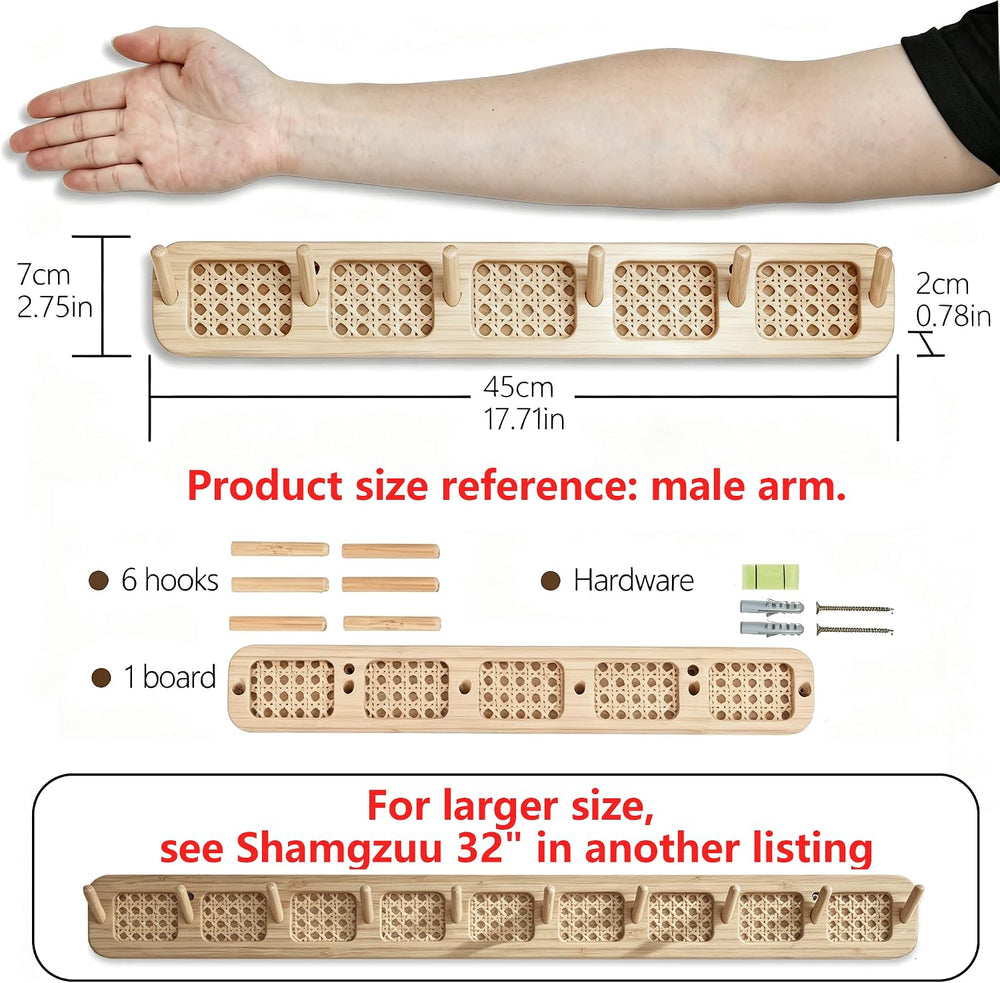 Wall Mount Coat Rack, 17in Sturdy Modern Rattan Hooks Set of 2