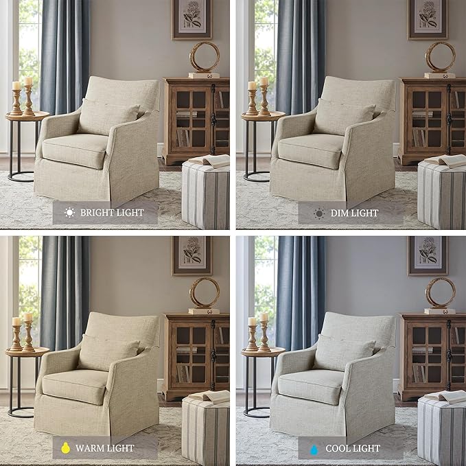 Martha Stewart London Swivel Chair - Solid Wood & Plywood, Skirted Metal Base Accent Armchair, Lumbar Pillow -Modern Classic Family Room Sofa Furniture Bedroom Lounge, 28"X31.5"X35.25", Beige Multi