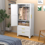 Metal Clothing Storage Cabinet with Adjustable Shelves and Hanging rods. A Household Steel Wardrobe Storage Cabinet with Drawers (Wardrobe - White).