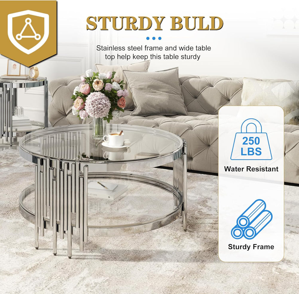 Round Glass Coffee Table Set of 3, Silver and Clear Modern Living Room Table ...