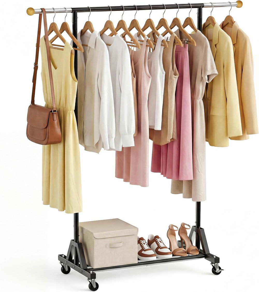 Rolling Garment Rack - Retractable Clothes Rack with Hanging Rods, Lockable W...