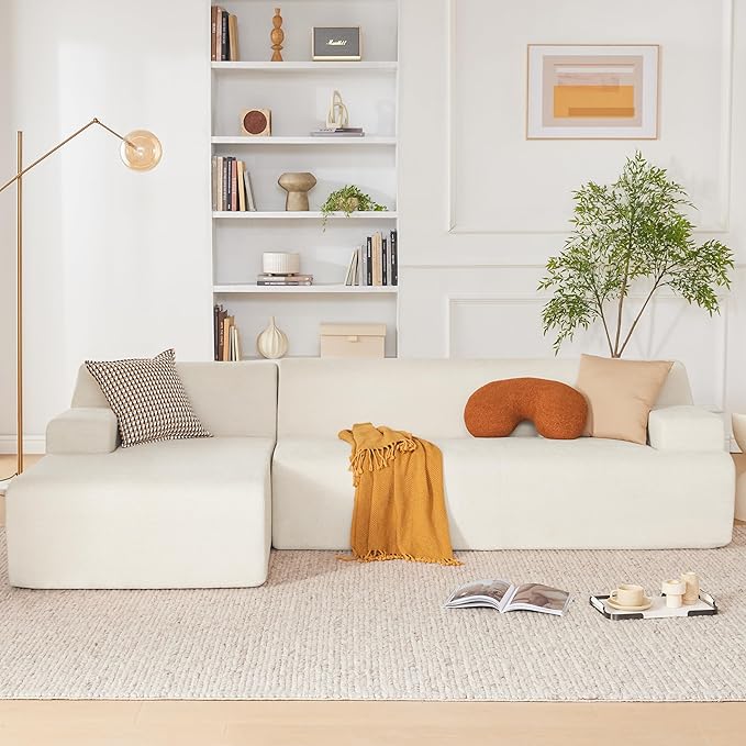 107" Modular Sectional Cloud Couch, Boneless couches Sponge sectionals for Living Room, High Density Sponges Sofa, Modular L-Shape with Chaise, Beige
