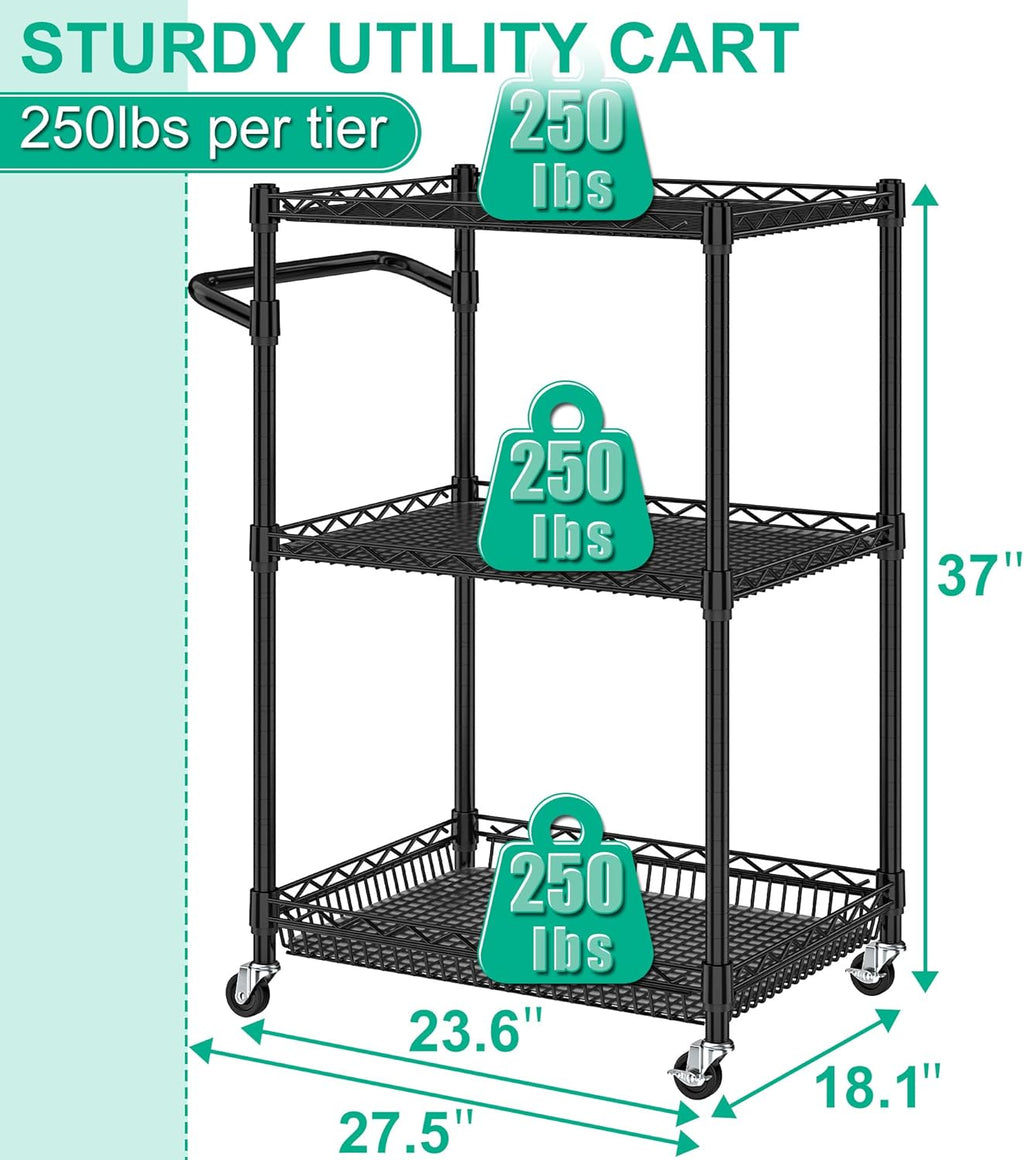 3 Tier Rolling Cart with Wheels, Metal Utility Cart for Storage Heavy Duty Wire Trolley for Kitchen Serving Grocery Food with 3 Shelf Liners 6 Hooks, 18 x 23.8 x 37 Inches, Black