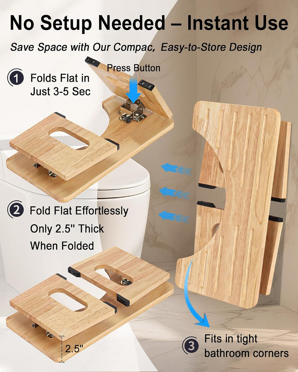 Foldable Toilet Stool, 7 Inch Poop Stool for Bathroom, Bamboo Toilet Potty Sq...