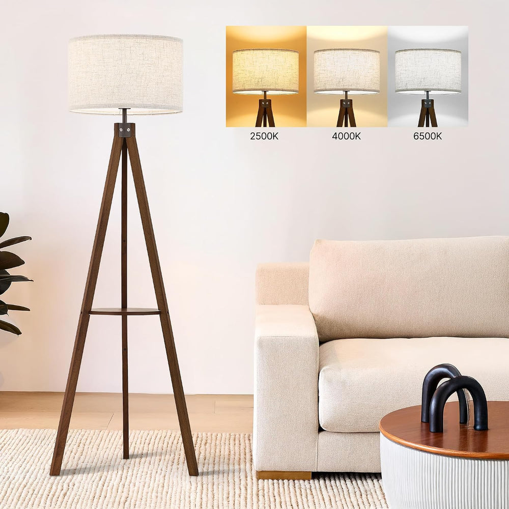 ELYONA Tripod Floor Lamp with Table, Mid Century Wood Shelf Standing Light Mo...
